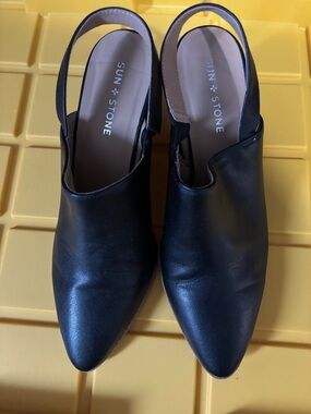 Sun + Stone Black Leather Pointed-Toe Slingback Mules